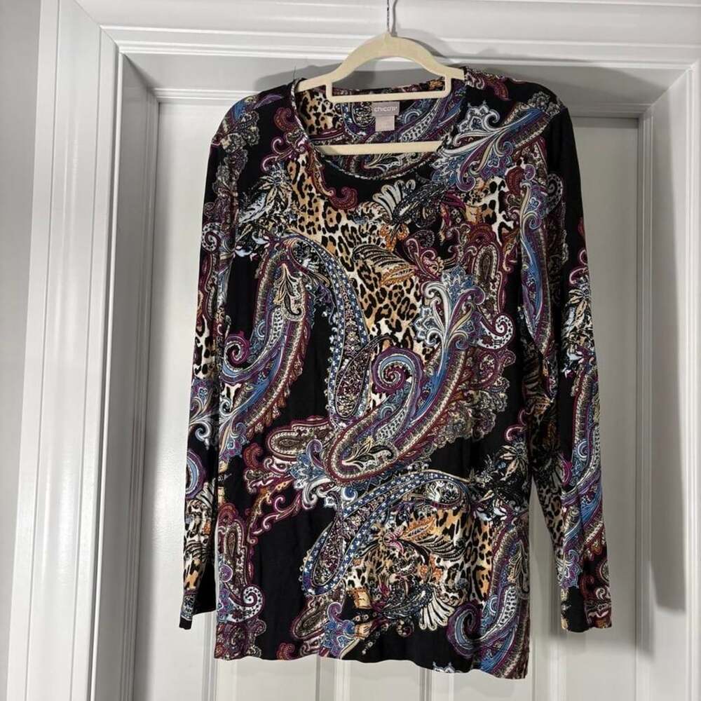 Chico's Black Paisley Leopard Long Sleeve Blouse